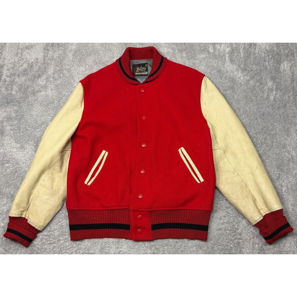 Vtg Whiting Los Angeles Varsity Jacket Mens 44 Red Cream Wool Leather Letterman